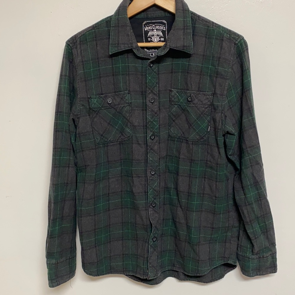 Vans Classics Southern California Grey/Green Plaid Flannel Button Down Size Larg